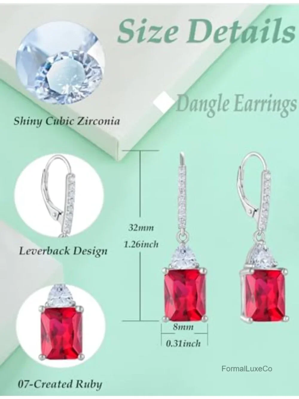 Emerald Cut Dangle Earrings 925 Sterling Silver Leverback Hypoallergenic Women